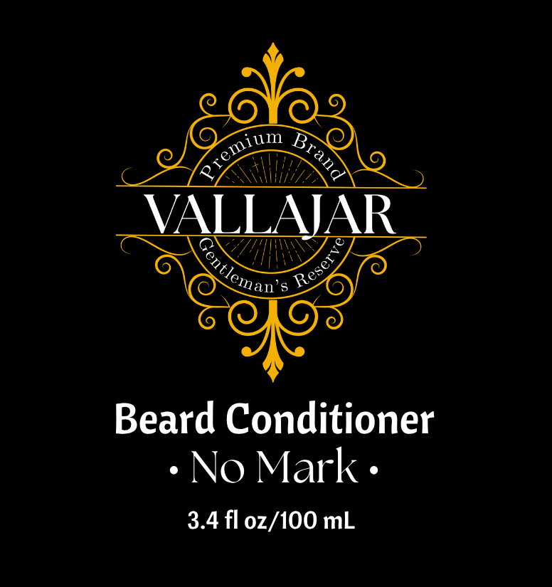 Vallajar beard conditioner label on a black background