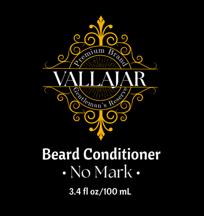 Vallajar beard conditioner label on a black background