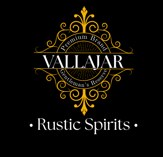 Vallajar Rustic Spirits product label with scents, ingredients, and contact information on a black background.