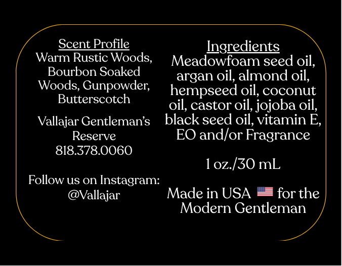 Vallajar Rustic Spirits product label with scents, ingredients, and contact information on a black background.