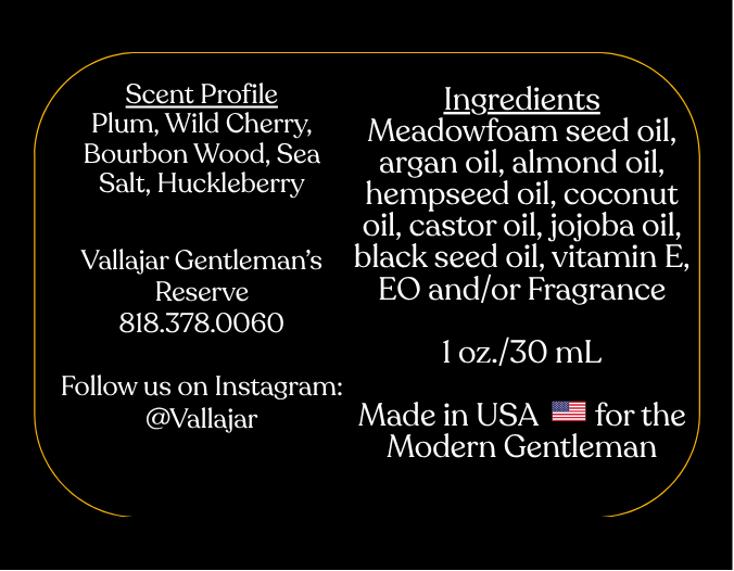 Vallajar Gentlemen's Reserve Midnight Sip product label with branding and product details.