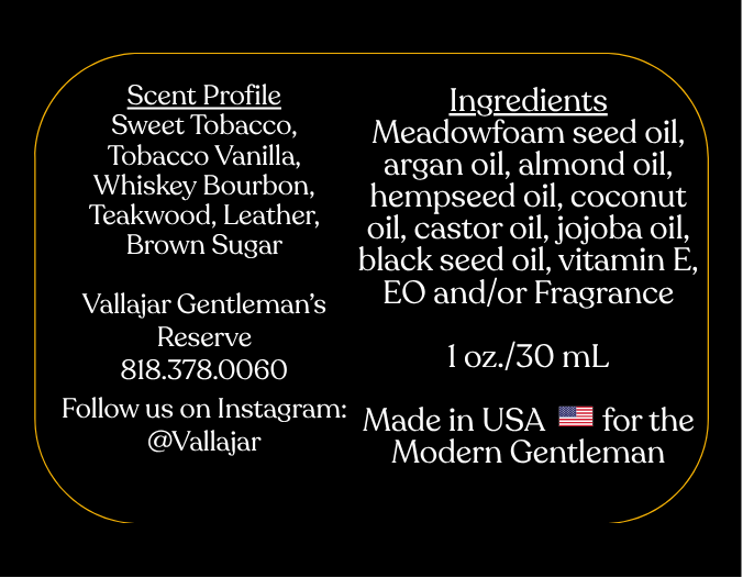 Vallajar Golden Hour cologne packaging with scent profile, ingredients, and contact information.