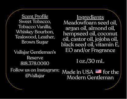 Vallajar Golden Hour cologne packaging with scent profile, ingredients, and contact information.