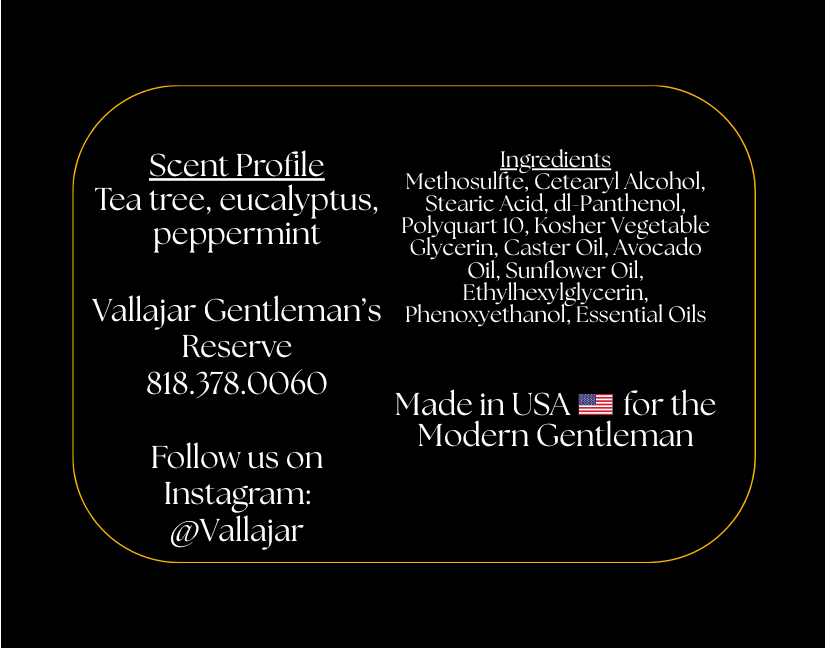 Vallajar Beard Conditioner label with branding and product details on a black background