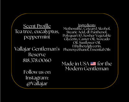 Vallajar Beard Conditioner label with branding and product details on a black background