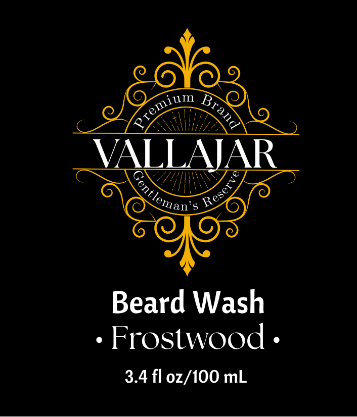 Vallajar Beard Wash Frostwood label on a black background