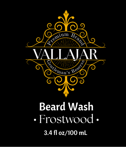 Vallajar Beard Wash Frostwood label on a black background