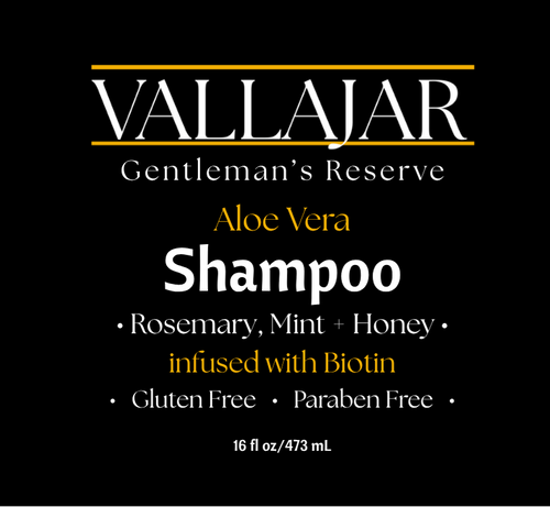 Vallajar Gentleman's Reserve shampoo label with product details on a black background