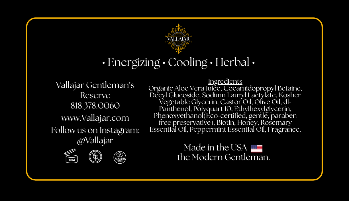 Vallajar Gentleman's Reserve shampoo label with product details on a black background